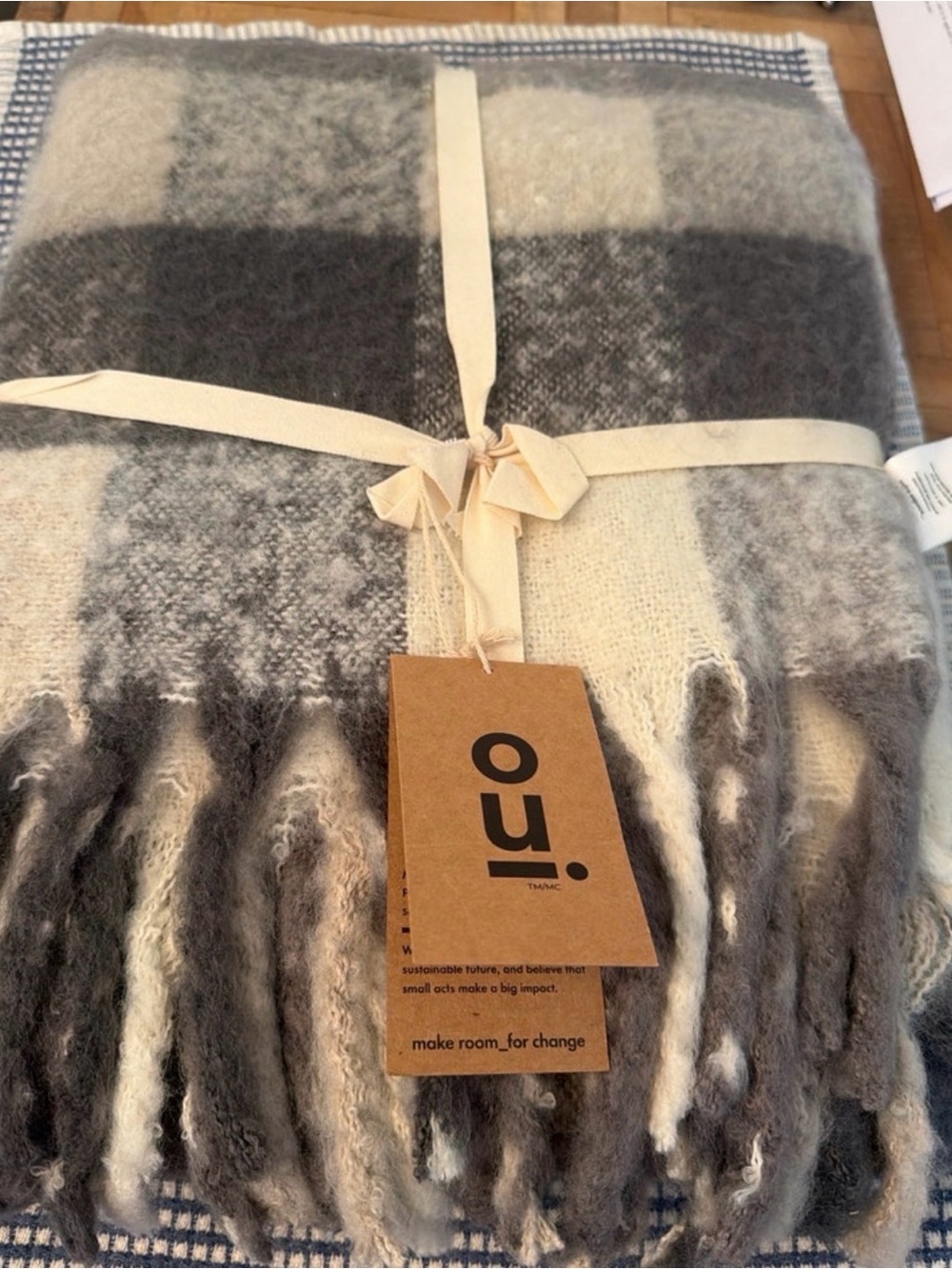 Indigo Gray and Cream Plaid Fringe Throw Blanket